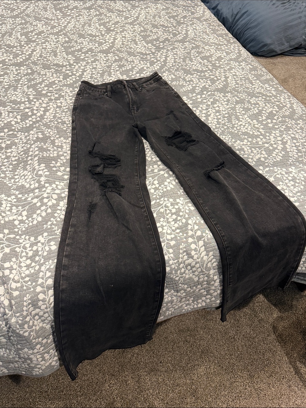 Black Distressed High-Waist Flare Jeans - Women